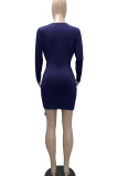Color Blue Casual Solid Patchwork Fold Asymmetrical V Neck One Step Skirt Dresses