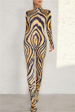 Gold Fashion Casual Print Basic Turtleneck Skinny Jumpsuits