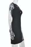 Black Fashion Sexy Patchwork Hollowed Out See-through O Neck Sleeveless Dress