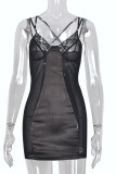 Black Sexy Patchwork See-through Spaghetti Strap Sleeveless Dress