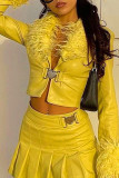 Yellow Sexy Solid Patchwork Feathers Outerwear