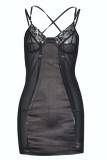 Black Sexy Patchwork See-through Spaghetti Strap Sleeveless Dress