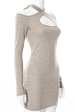 Light Coffee Sexy Solid Patchwork Halter Pencil Skirt Dresses