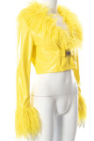 Yellow Sexy Solid Patchwork Feathers Outerwear