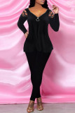Black Fashion Casual Solid Hollowed Out V Neck Tops