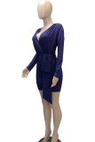 Color Blue Casual Solid Patchwork Fold Asymmetrical V Neck One Step Skirt Dresses