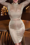 Apricot Sexy Solid See-through O Neck Pencil Skirt Dresses
