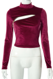 Burgundy Sexy Solid Patchwork Half A Turtleneck Tops