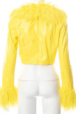 Yellow Sexy Solid Patchwork Feathers Outerwear