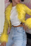 Yellow Sexy Solid Patchwork Feathers Outerwear