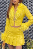 Yellow Sexy Solid Patchwork Feathers Outerwear