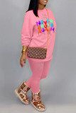 Pink Casual Print Ripped Patchwork O Neck Long Sleeve Two Pieces