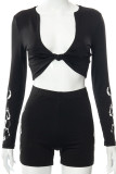 Black Sexy Print Patchwork Knotted V Neck Long Sleeve Two Pieces