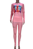 Pink Casual Print Ripped Patchwork O Neck Long Sleeve Two Pieces