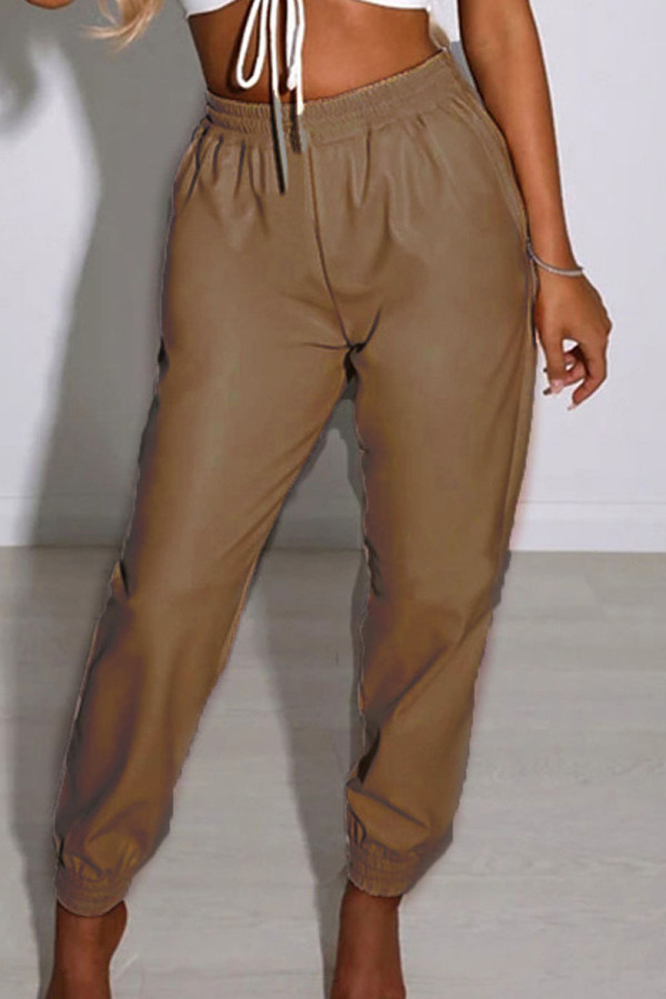 Khaki Fashion Casual Solid Basic Regular High Waist Trousers