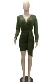 Color Blue Casual Solid Patchwork Fold Asymmetrical V Neck One Step Skirt Dresses
