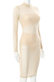 Apricot Sexy Solid See-through O Neck Pencil Skirt Dresses