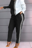 Black White Casual Print Patchwork O Neck Long Sleeve Two Pieces