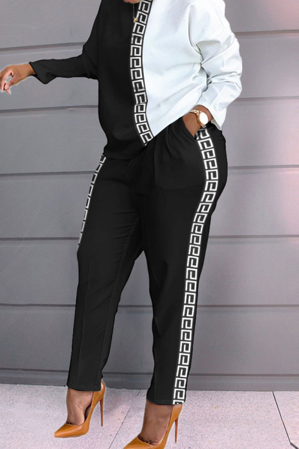 Black White Casual Print Patchwork O Neck Long Sleeve Two Pieces