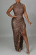 Khaki Fashion Sexy Patchwork Sequins Patchwork Fold Half A Turtleneck Evening Dress