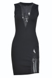 Black Fashion Sexy Patchwork Hollowed Out See-through O Neck Sleeveless Dress