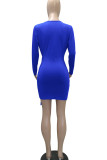 Color Blue Casual Solid Patchwork Fold Asymmetrical V Neck One Step Skirt Dresses