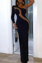 Black Fashion Sexy Patchwork See-through Backless Oblique Collar Evening Dress