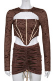 Brown Fashion Print Hollowed Out Patchwork Draw String O Neck Long Sleeve Two Pieces