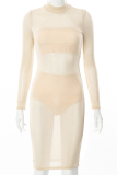 Apricot Sexy Solid See-through O Neck Pencil Skirt Dresses