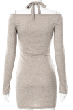 Light Coffee Sexy Solid Patchwork Halter Pencil Skirt Dresses