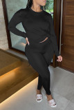 Blue Casual Solid Patchwork O Neck Long Sleeve Two Pieces