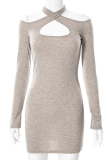 Light Coffee Sexy Solid Patchwork Halter Pencil Skirt Dresses