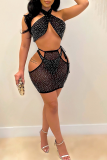 Black Sexy Hot Drilling Mesh Halter Sleeveless Two Pieces