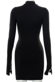 Black Sexy Solid Patchwork Half A Turtleneck Pencil Skirt Dresses