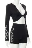Black Sexy Print Patchwork Knotted V Neck Long Sleeve Two Pieces