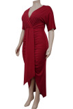 Burgundy Sexy Solid Patchwork Asymmetrical V Neck Straight Plus Size Dresses