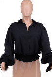 Black Casual Solid Patchwork Buckle Turndown Collar Tops
