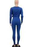 Blue Casual Solid Patchwork O Neck Long Sleeve Two Pieces