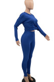 Blue Casual Solid Patchwork O Neck Long Sleeve Two Pieces