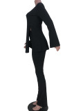White Sexy Solid Patchwork Slit V Neck Long Sleeve Two Pieces