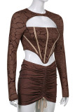 Brown Fashion Print Hollowed Out Patchwork Draw String O Neck Long Sleeve Two Pieces