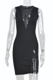Black Fashion Sexy Patchwork Hollowed Out See-through O Neck Sleeveless Dress