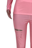 Pink Casual Print Ripped Patchwork O Neck Long Sleeve Two Pieces