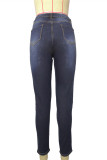 Blue Fashion Casual Solid Basic Plus Size Jeans