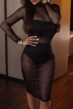 Apricot Sexy Solid See-through O Neck Pencil Skirt Dresses