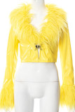 Yellow Sexy Solid Patchwork Feathers Outerwear