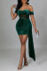 Army Green Sexy Solid Patchwork Fold Asymmetrical Off the Shoulder One Step Skirt Dresses