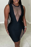 Black Fashion Sexy Patchwork Hollowed Out See-through O Neck Sleeveless Dress