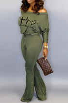 Green Casual Print Letter One Shoulder Boot Cut Jumpsuits
