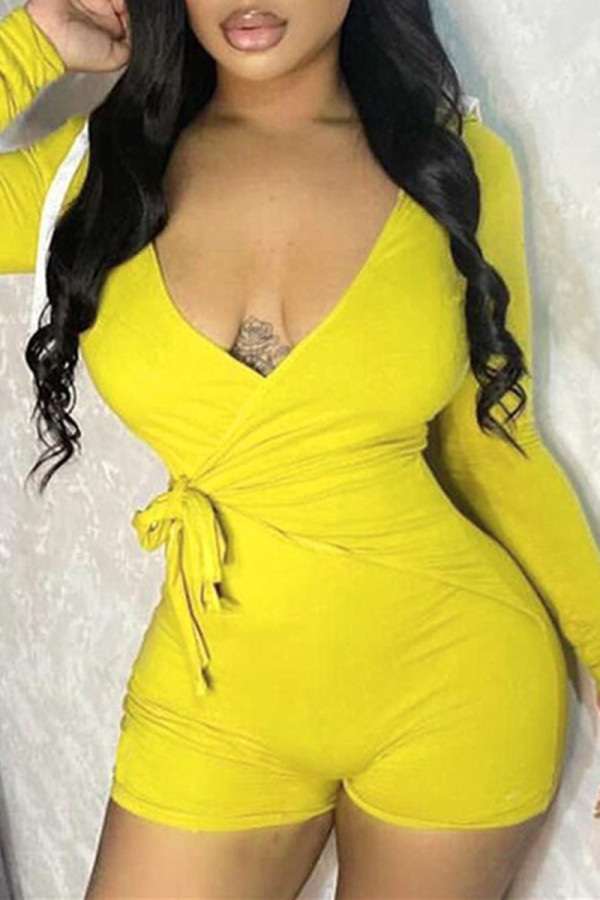Yellow Fashion Casual Solid Bandage V Neck Long Sleeve Skinny Romper